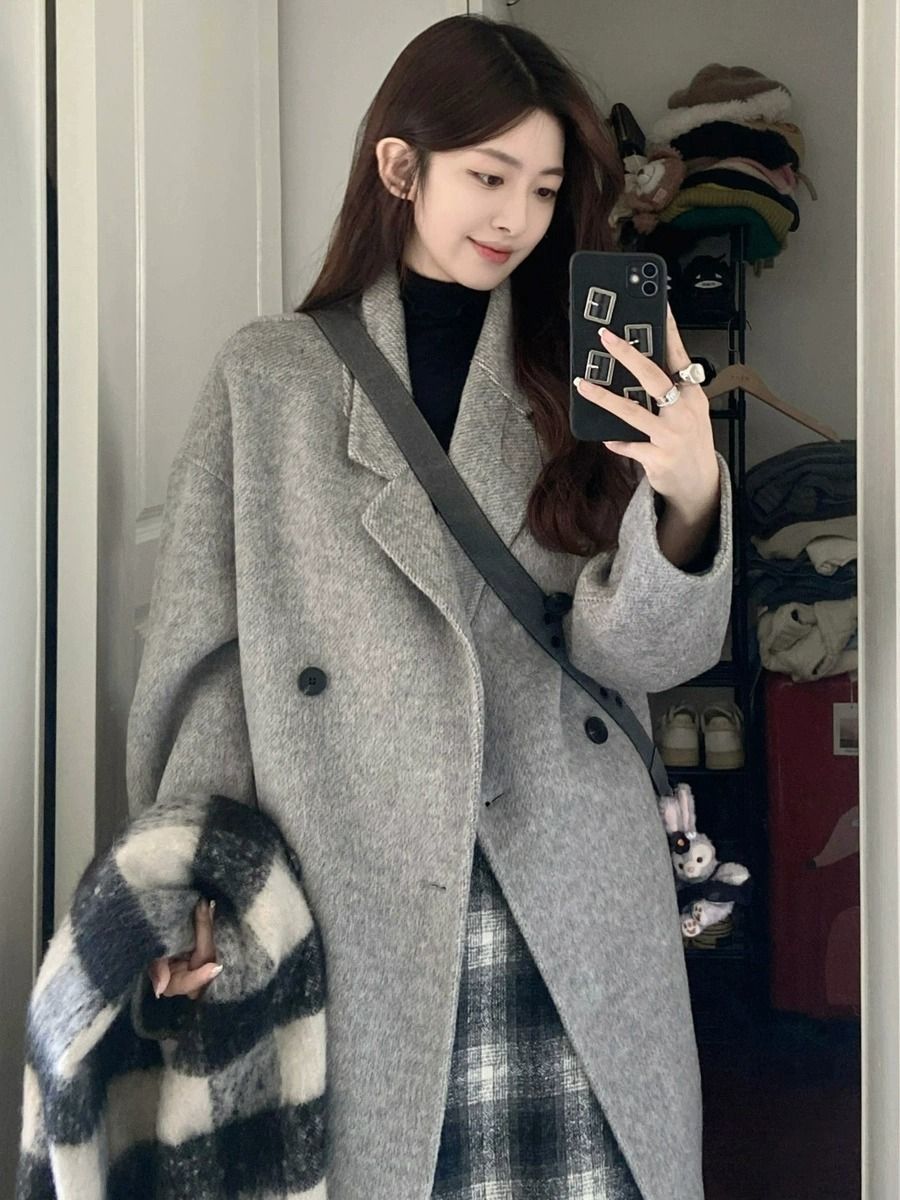 灰色毛呢外套女2023新款高級感小個子呢子赫本風大衣秋冬季中長款
