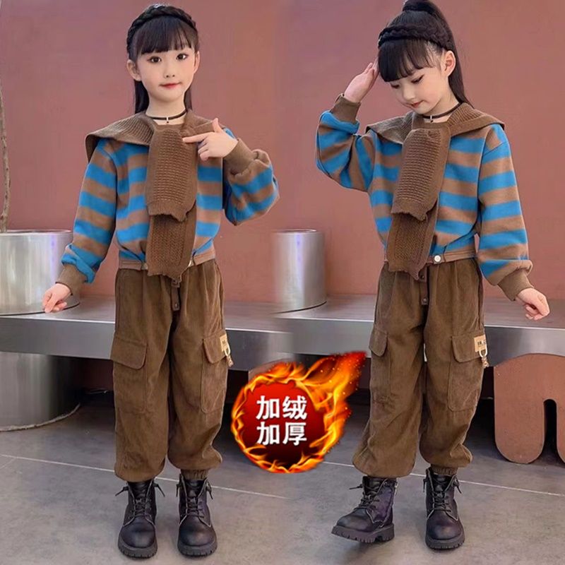 女童秋冬套裝2023新款洋氣童裝女大童加絨兒童時髦韓版加厚兩件套
