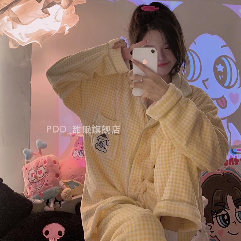 睡衣女秋冬珊瑚绒加绒加厚ins可爱KT猫少女宿舍法兰绒家居服套装