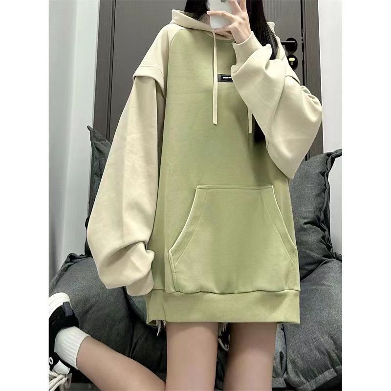 新款拼色連帽衛衣女秋冬季加絨加厚小眾新款寬鬆拼接印花長袖衛衣