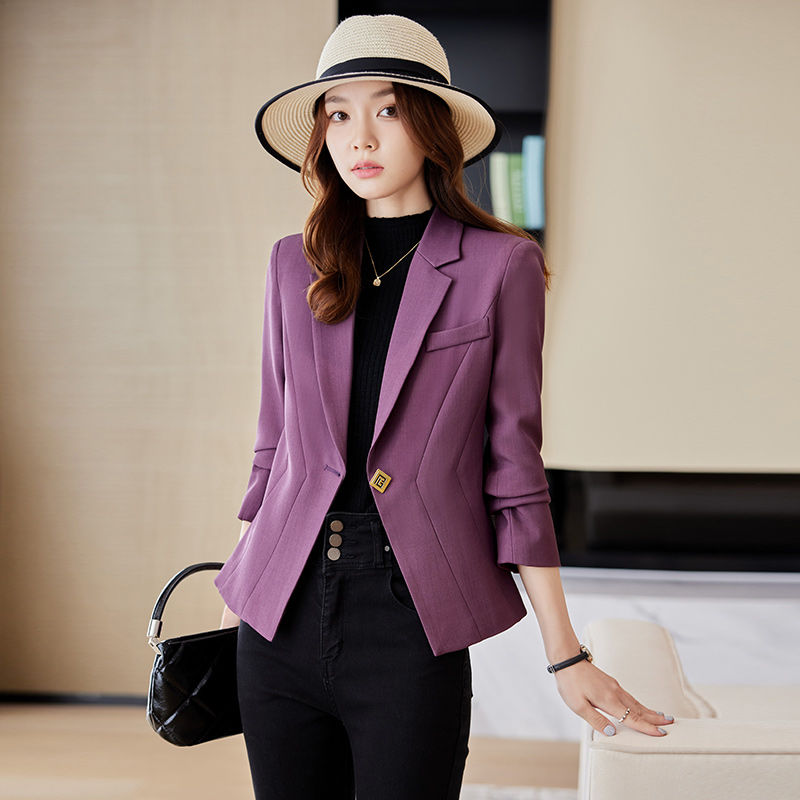 深紫色西裝外套女2023新款秋冬高級感修身收腰百搭小個子女士西服