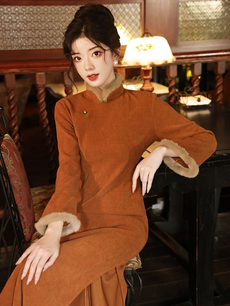 新中式旗袍冬季加絨加厚長款冬款2023新款女長袖敬酒服新娘連衣裙