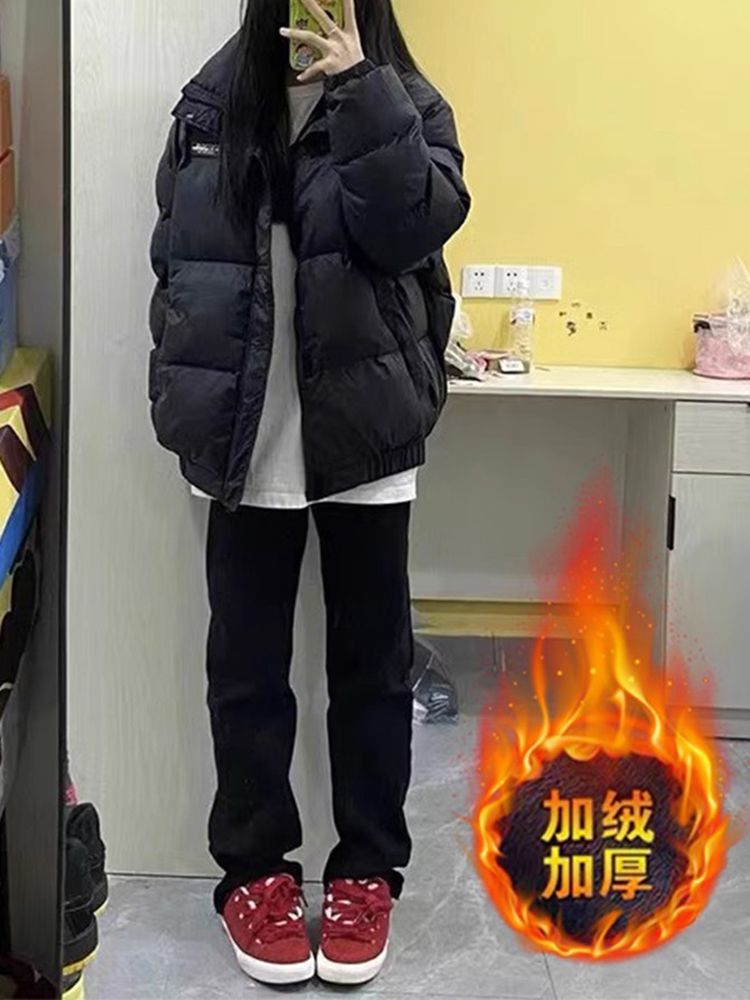 加絨直筒牛仔褲女冬季新款高腰修身闊腿顯瘦加厚保暖煙管堆堆褲子