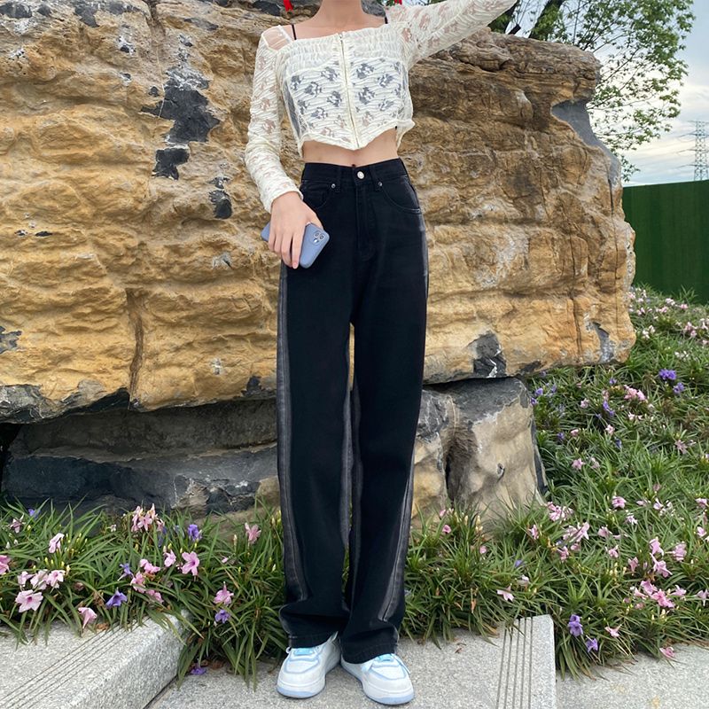 設計感高腰牛仔褲2023女秋冬新款垂感復古闊腿褲子時尚拖地直筒褲