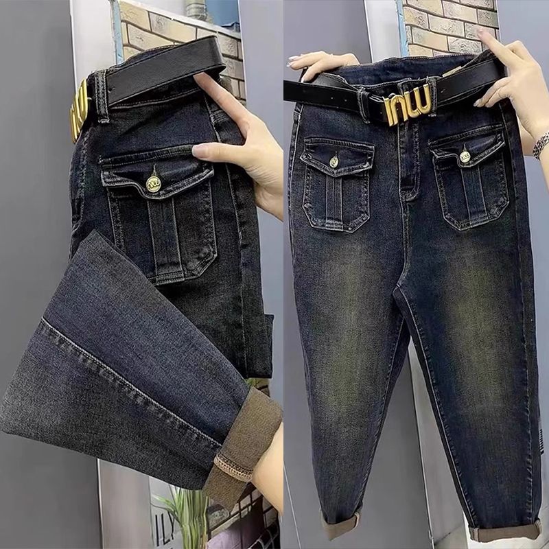 大碼胖mm彈力哈倫九分牛仔褲女秋冬小個子高腰顯瘦直筒蘿蔔老爹褲