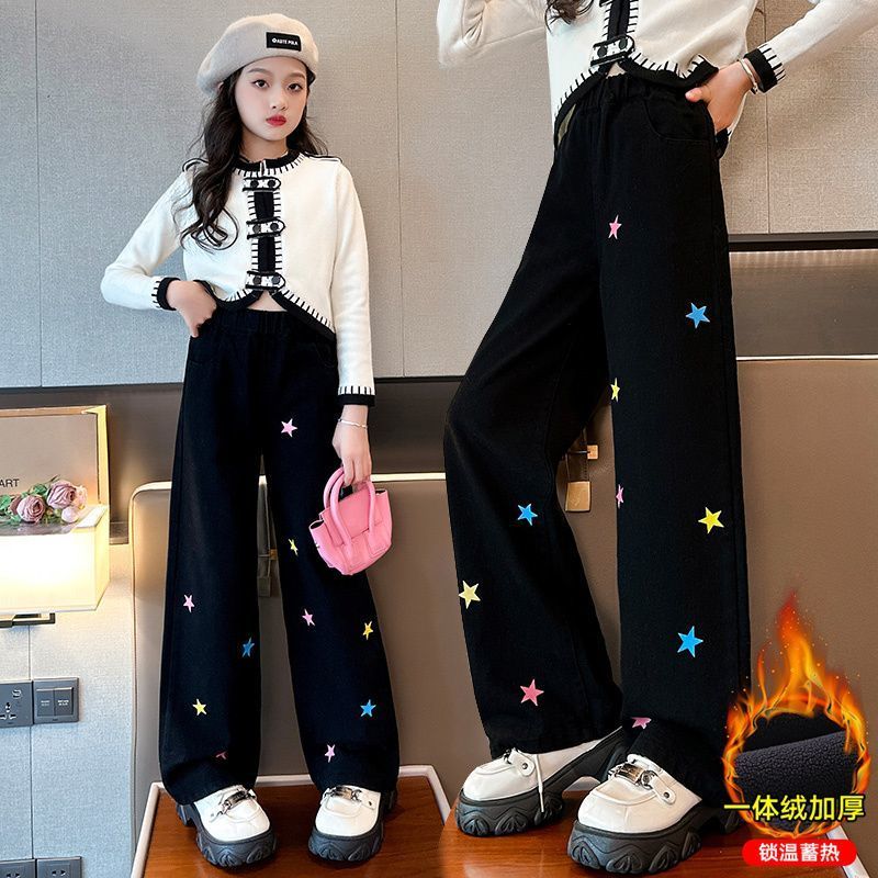 女童秋冬加絨褲子2023新款兒童洋氣加厚闊腿褲中大童一體絨直筒褲