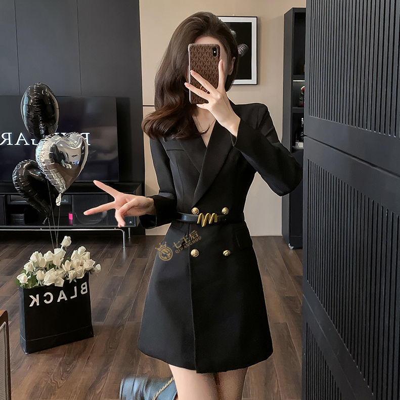 秋季女2023新款黑色西裝連衣裙子高級感氣質御姐范早秋搭配一整套
