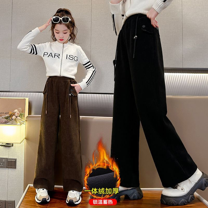 女童加絨闊腿褲秋冬2023新款中大兒童洋氣一體絨休閒褲寬鬆厚褲子
