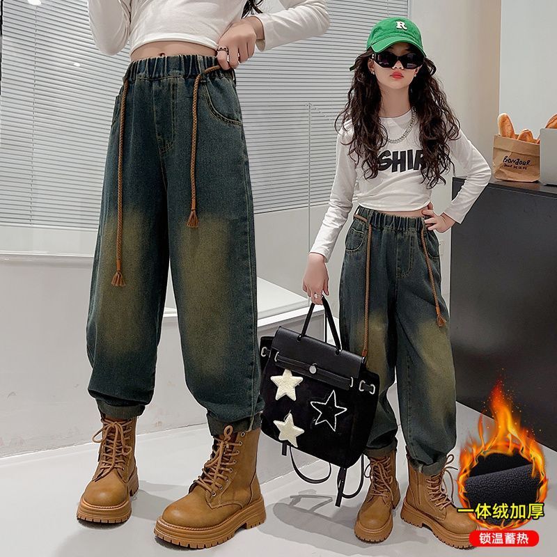 女童加絨牛仔褲秋冬款女孩洋氣時尚哈倫褲兒童冬裝加厚一體絨褲子