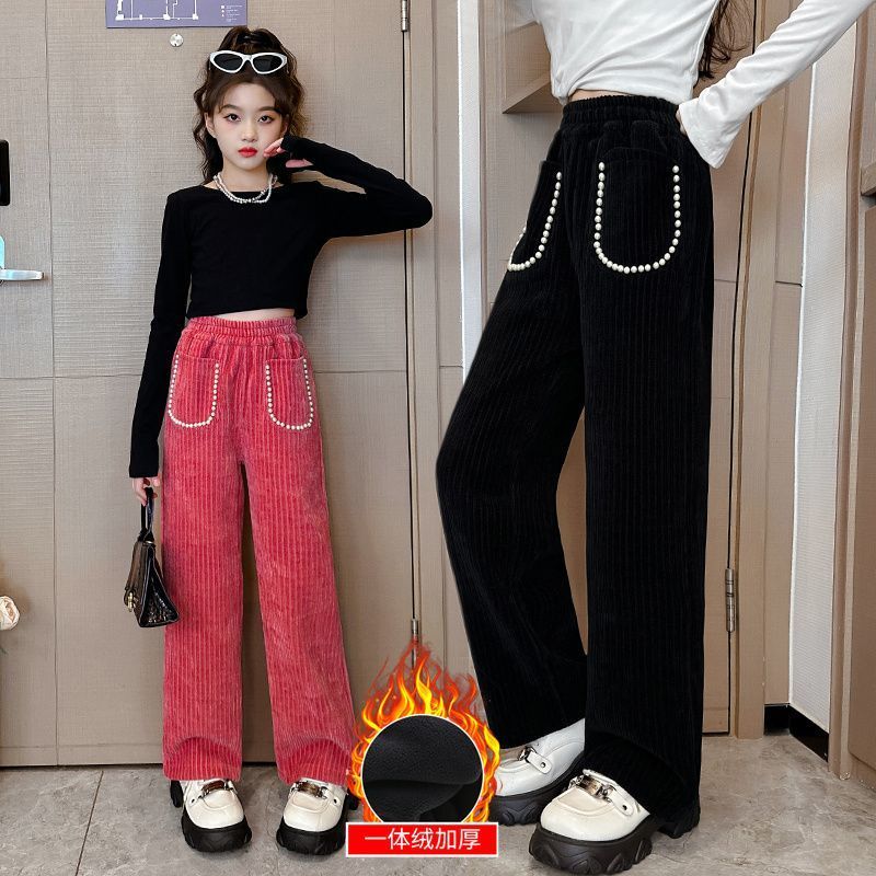 女童加絨褲子秋冬款兒童加厚一體絨休閒褲女孩洋氣冬裝時髦闊腿褲