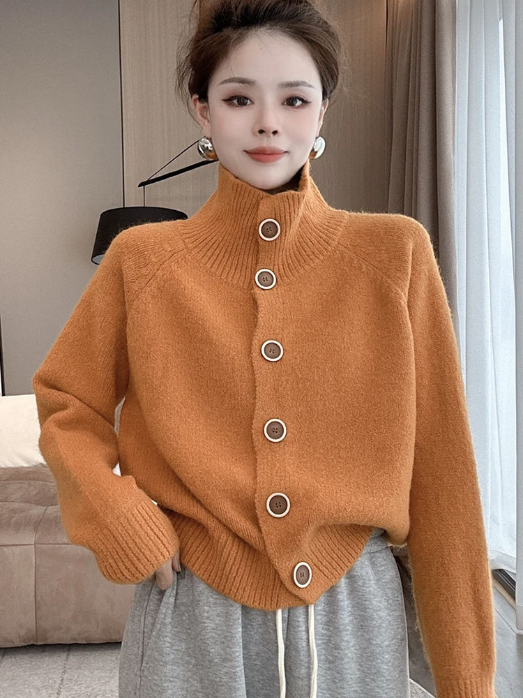 藍海奕諾慵懶風高領毛衣開衫外套女2023秋冬新款加厚寬鬆針織上衣