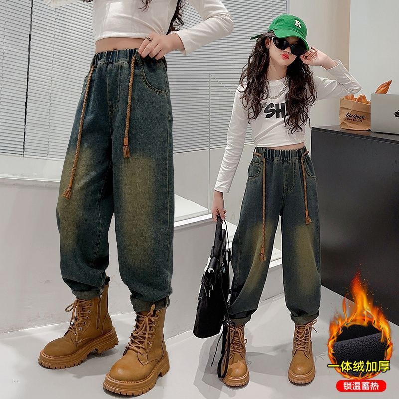 女童老爹褲秋冬款洋氣加絨長褲2023新款冬季褲子女大童時髦牛仔褲