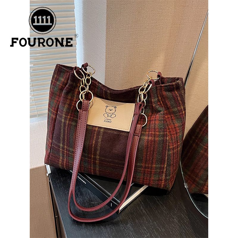 Striped woolen bag women's new large-capacity shoulder armpit bag retro versatile commuter tote bag