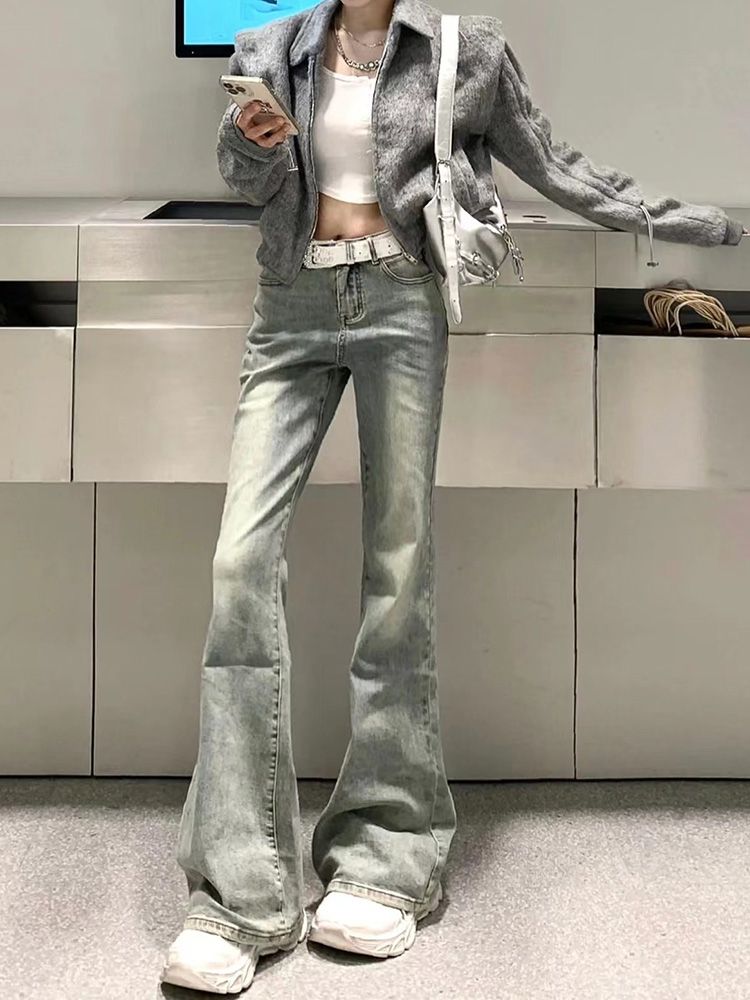 美式復古vibe黃泥微喇牛仔褲女秋冬2023新款高腰直筒彈力喇叭褲子