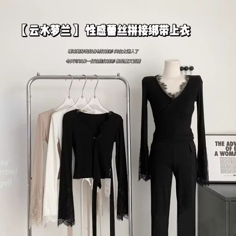 黑色性感v領蕾絲拼接綁帶上衣女設計感修身長袖打底衫內搭