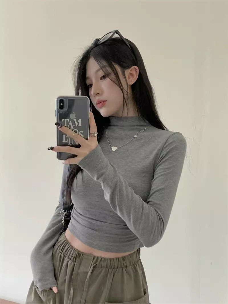 德絨半高領打底衫女秋冬內搭修身網紅褶皺純欲風長袖T恤短款上衣
