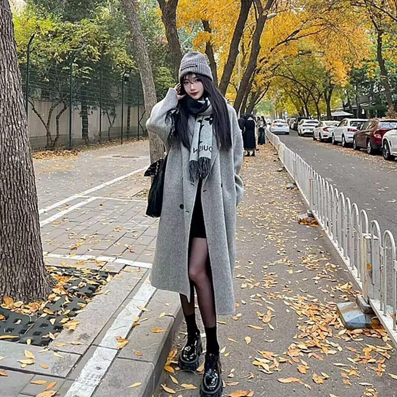 灰色毛呢外套呢子大衣女2023秋冬季新款赫本風中長款高級感小個子
