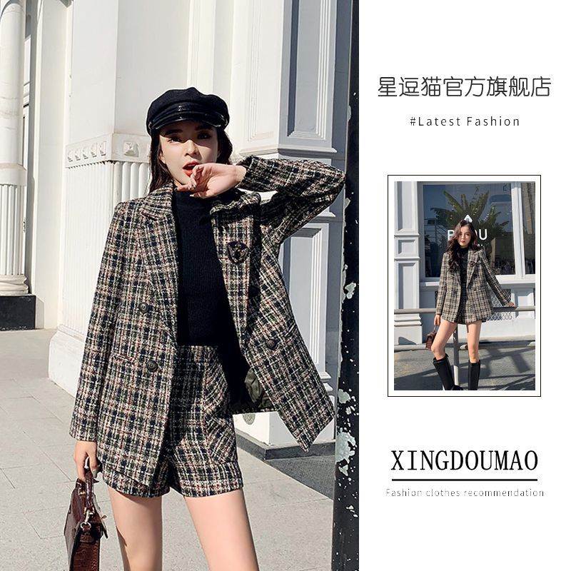 毛呢外套女2023秋冬新款小香風高級感格子小西裝短褲時尚兩件套裝