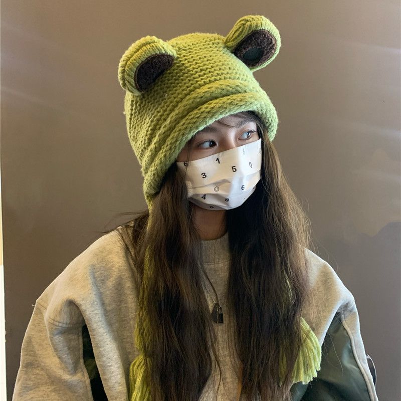 韩国可爱青蛙毛线帽子女秋冬季针织套头帽护耳保暖防寒雷锋帽学生