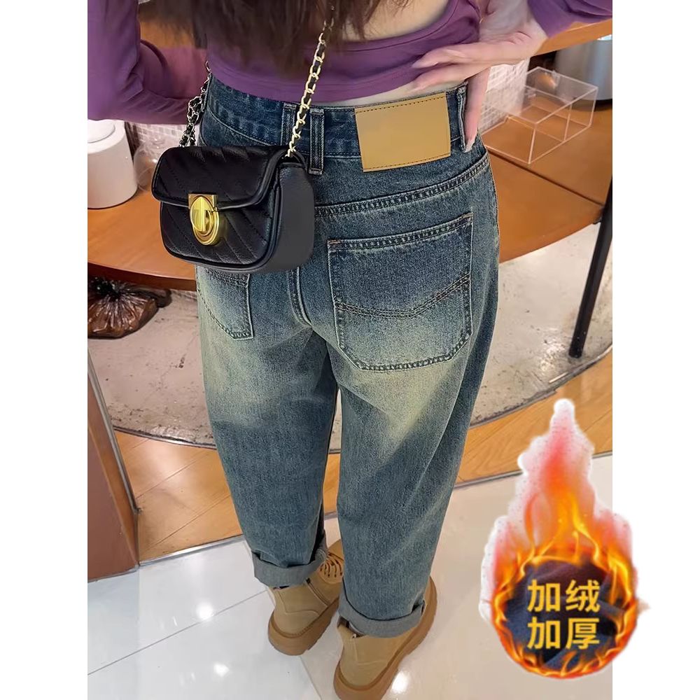 大碼加絨加厚哈倫牛仔褲女2023年秋冬新款高腰寬鬆顯瘦九分老爹褲