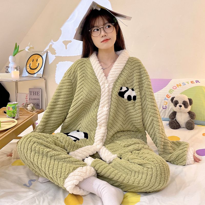 秋冬季新款提花珊瑚絨加厚睡衣女開衫寬鬆甜美可愛熊貓套裝家居服