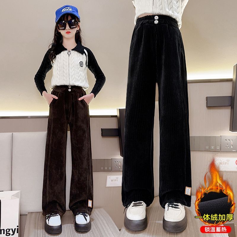 女童加絨褲子冬季兒童加厚一體絨闊腿褲中大童秋冬款時髦休閒長褲