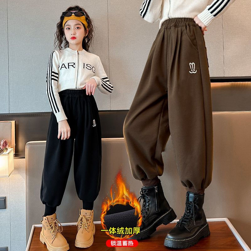 女童加絨褲子秋冬小學生運動褲2023新款時尚冬裝中大童一體絨褲子