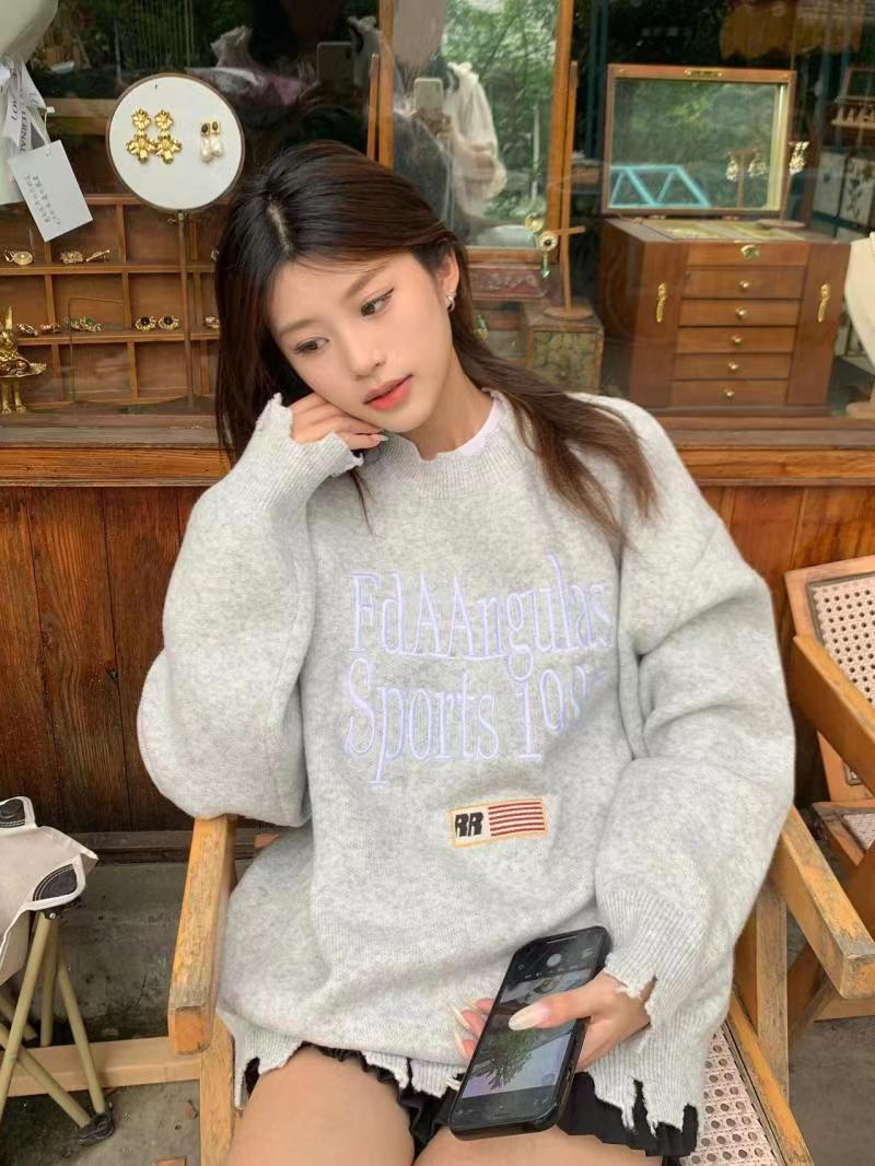 秋冬慵懶風毛衣女美式字母圖案印花破洞針織外套寬鬆設計感上衣