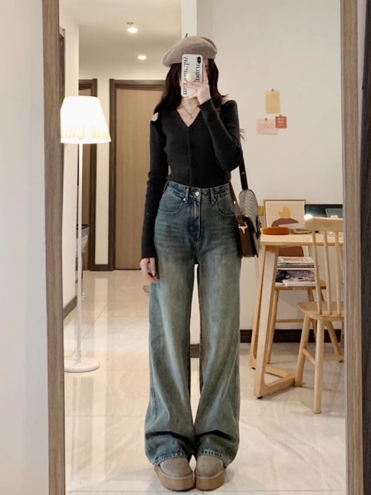 做舊牛仔褲女春秋新款辣妺做舊水洗直筒寬鬆顯瘦闊腿褲子拖地褲潮