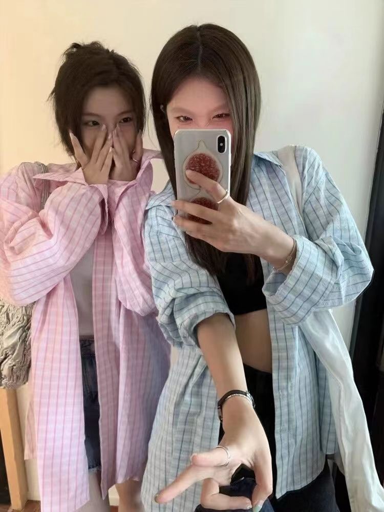 美式復古粉色格子襯衫女春秋薄款寬鬆法式慵懶外穿小香風開衫女