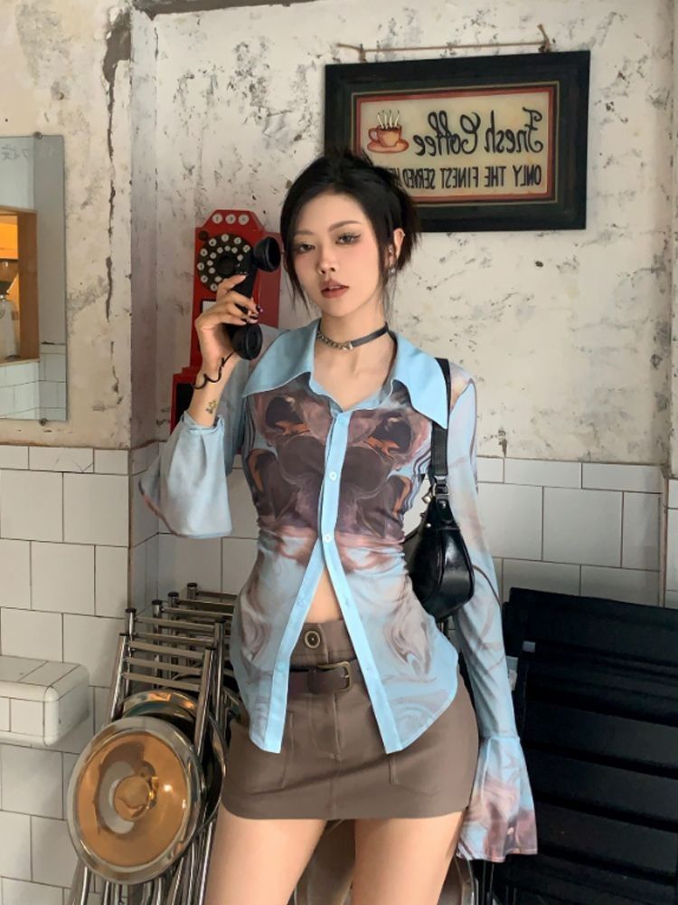 法式喇叭袖網紗防曬襯衫女夏外搭印花襯衣設計感緊身性感辣妹上衣