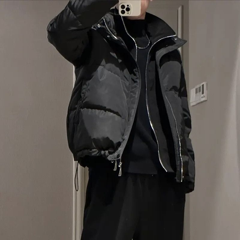 新款假兩件棉服男冬季加厚立領潮流拉鏈棉衣男生冬天外套短款