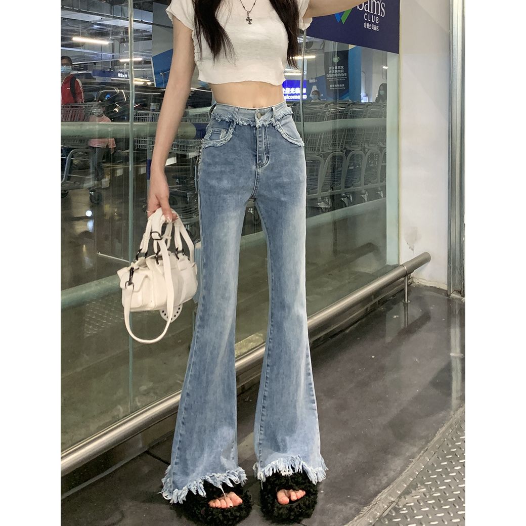 Chic韓搭美式牛仔褲女毛邊設計感闊腿高腰復古淺藍韓版百搭拖地褲