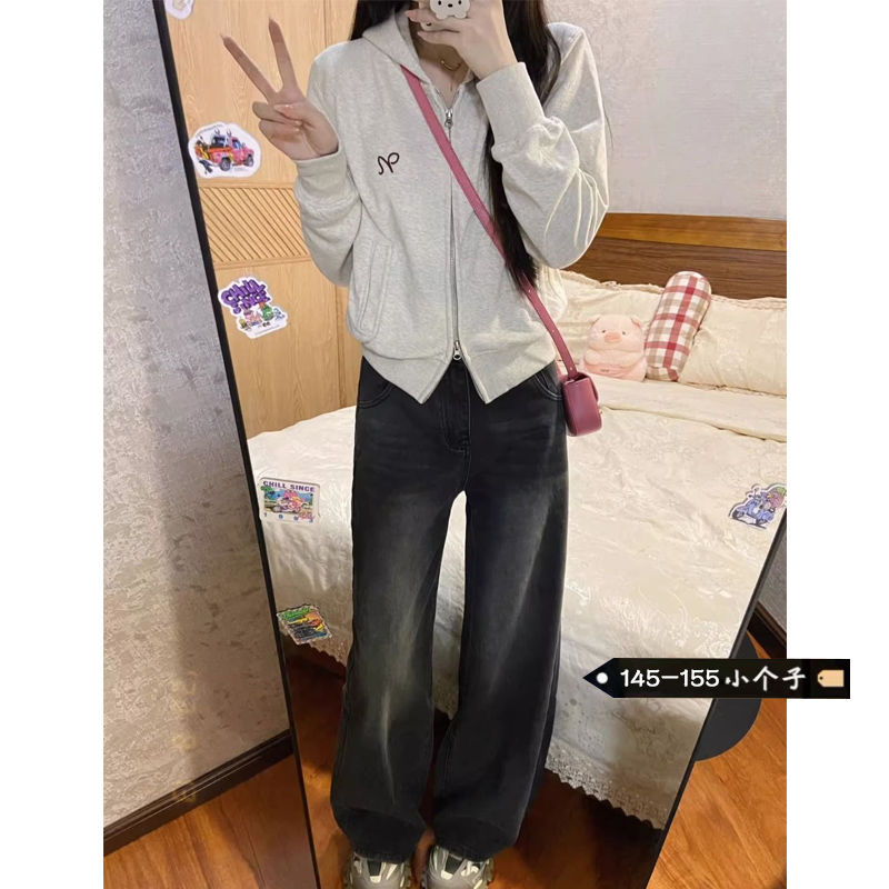 小個子水洗黑灰色高腰牛仔褲女秋冬新款直筒顯瘦寬鬆垂感闊腿褲潮