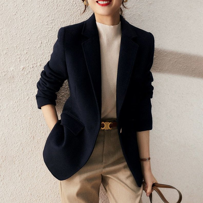 高檔加厚毛呢西裝外套女秋冬2023新款小個子韓版休閒黑色呢子西服