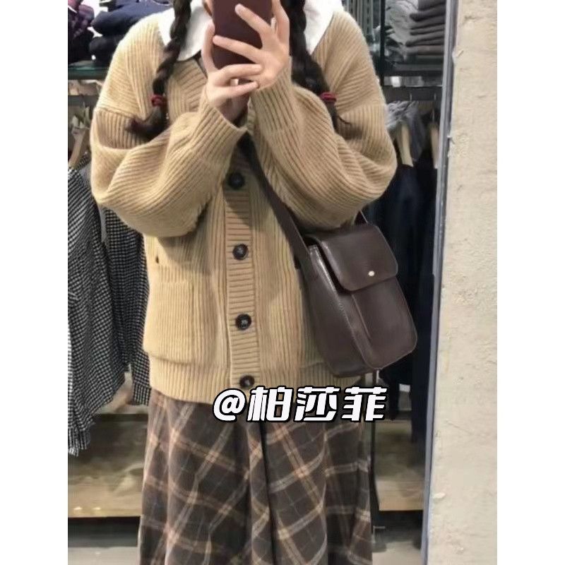 單件/兩件套裝學院風奶系多巴胺秋冬穿搭針織開衫毛衣+格子半身裙