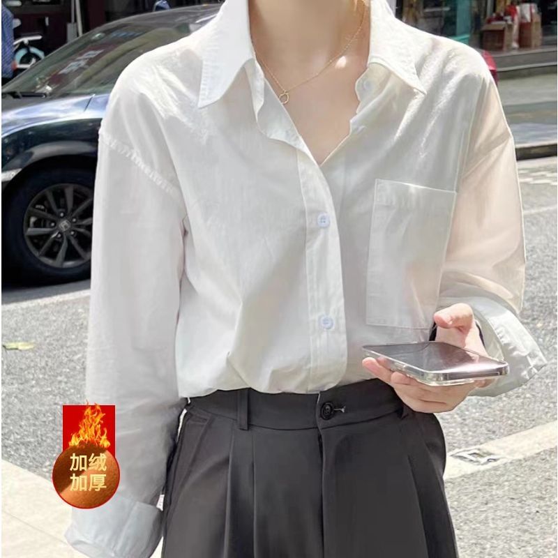 CONGRAZIO法式POLO領白色長袖襯衫女加絨加厚春秋小眾設計感襯衣