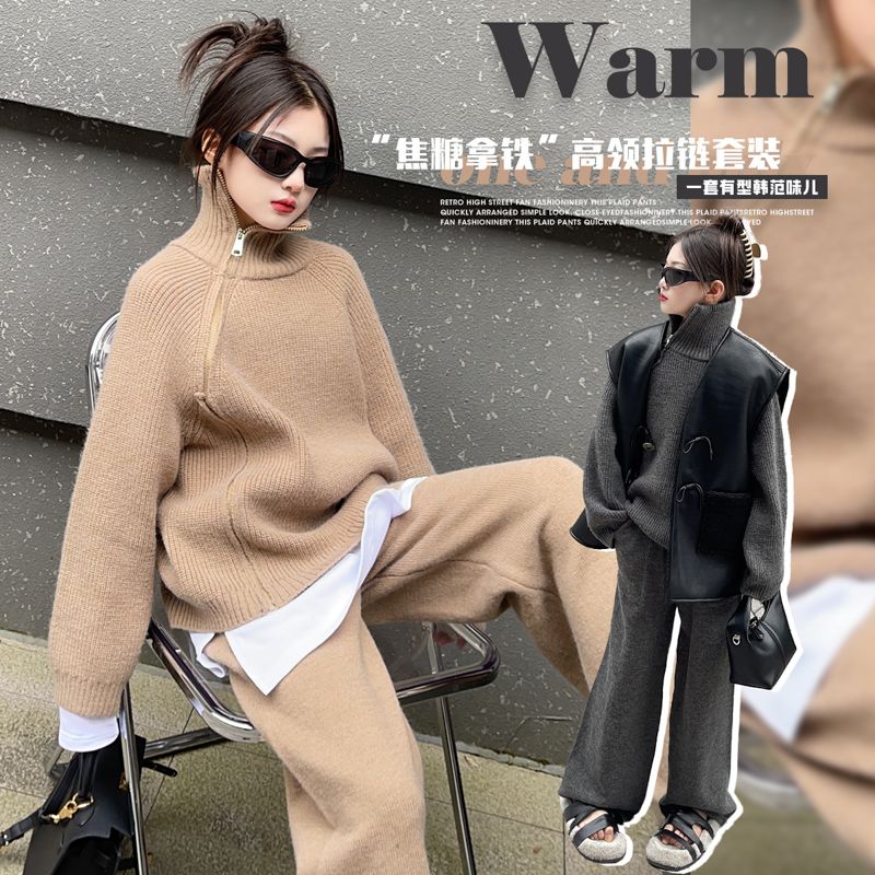 女童套裝冬裝2023新款兒童洋氣網紅大童女孩加厚衛衣闊腿褲兩件套