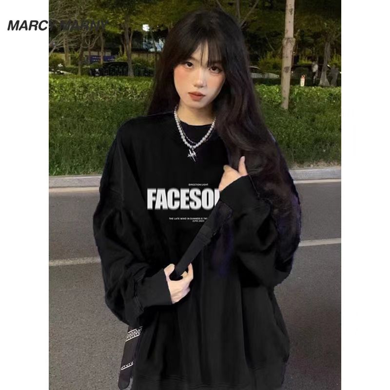 秋季圓領黑色衛衣男女情侶款冬季加絨加厚大碼美式寬鬆外套衛衣女