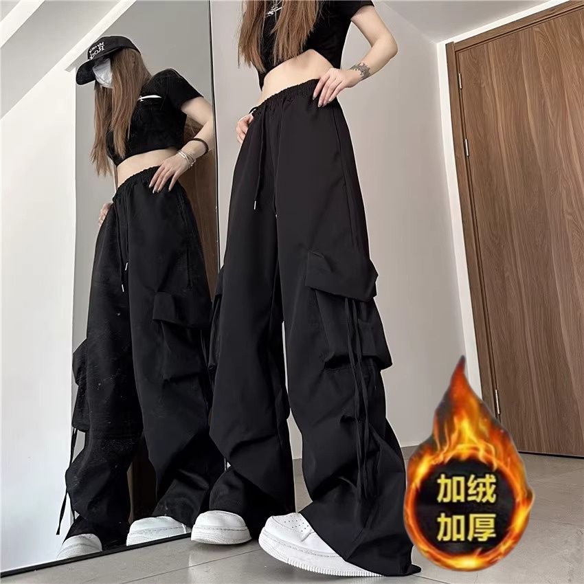 秋冬加絨ins大口袋美式拖地闊腿工裝褲寬鬆休閒褲男女直筒褲子潮