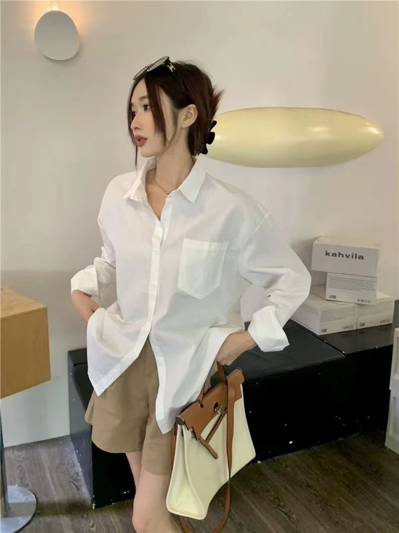 CONGRAZIO新款長袖Polo領襯衫女春秋季港風寬鬆氣質輕奢白上衣女