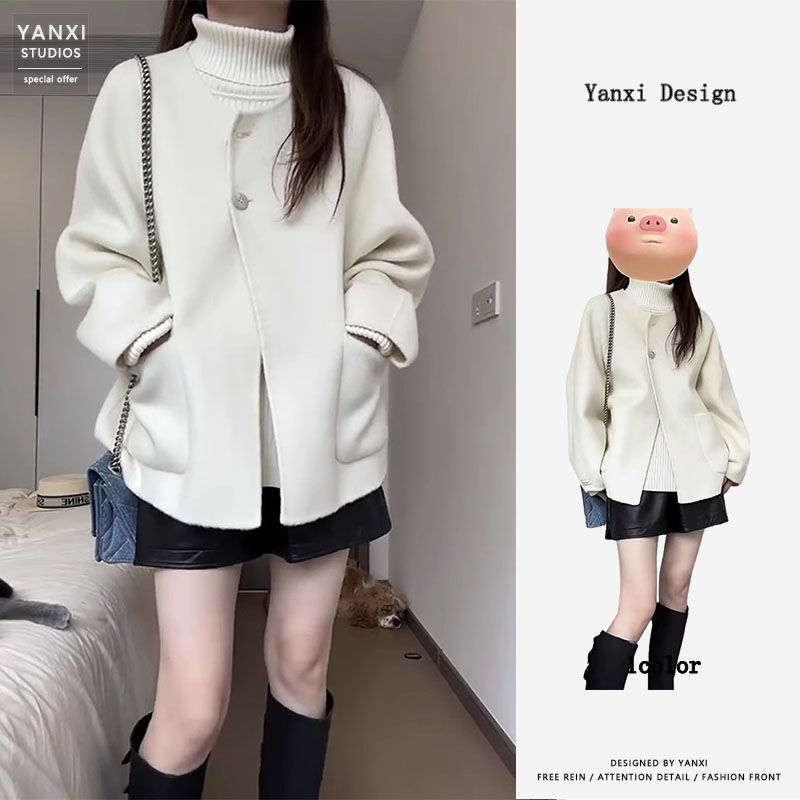 鹽系穿搭兩件套裝高級感毛呢外套高領毛衣皮裙子深冬裝搭配一整套