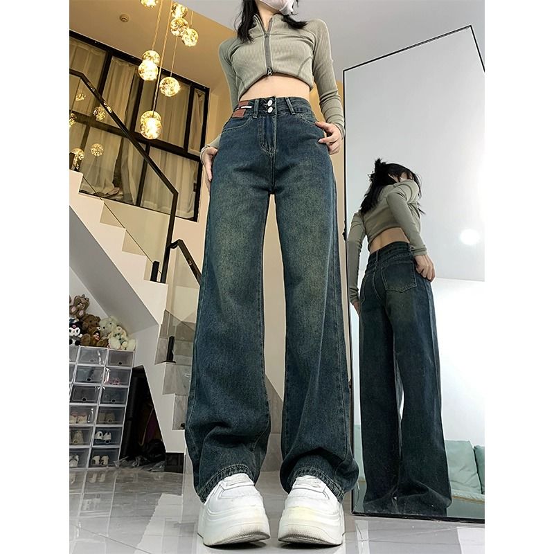 Distressed cement gray narrow straight-leg jeans for women in autumn and winter high-waisted, loose, slim, small, large size, wide-legged