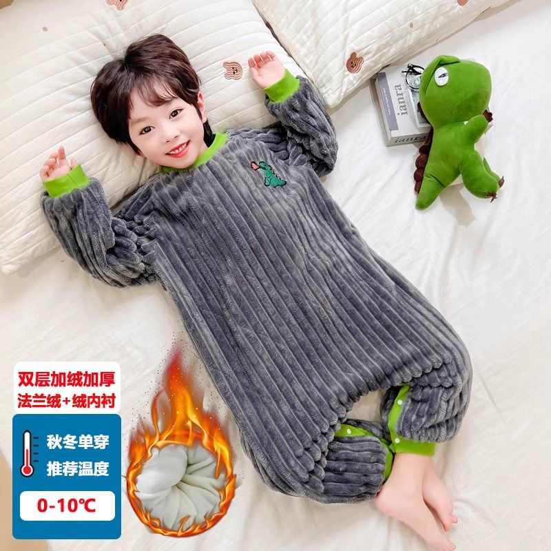儿童连体睡衣婴儿睡袋冬季加厚保暖防着凉男童宝宝奥粒绒恐龙爬服