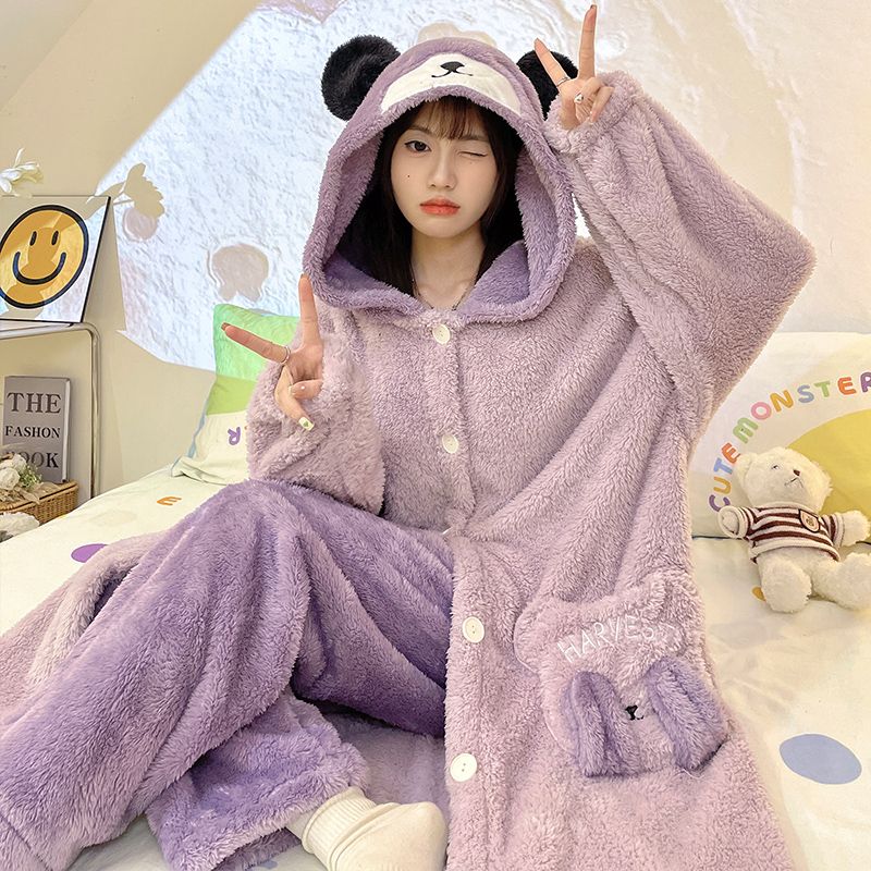 秋冬季睡衣女士加厚寬鬆中長款睡袍卡通家居服開衫珊瑚絨長褲套裝