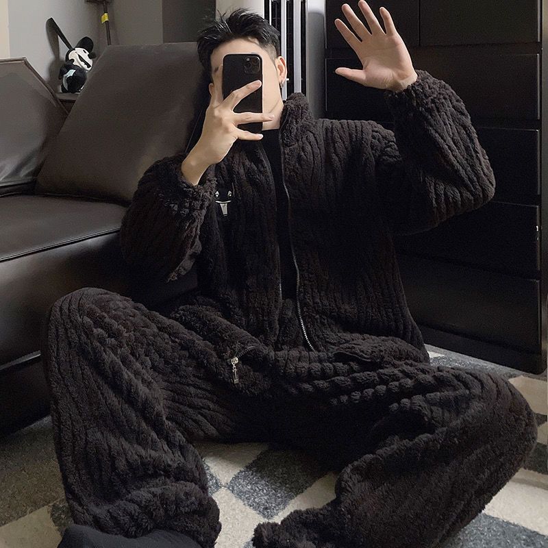 韓系史迪仔睡衣男冬季2023年新款珊瑚絨秋冬天男士加厚家居服套裝