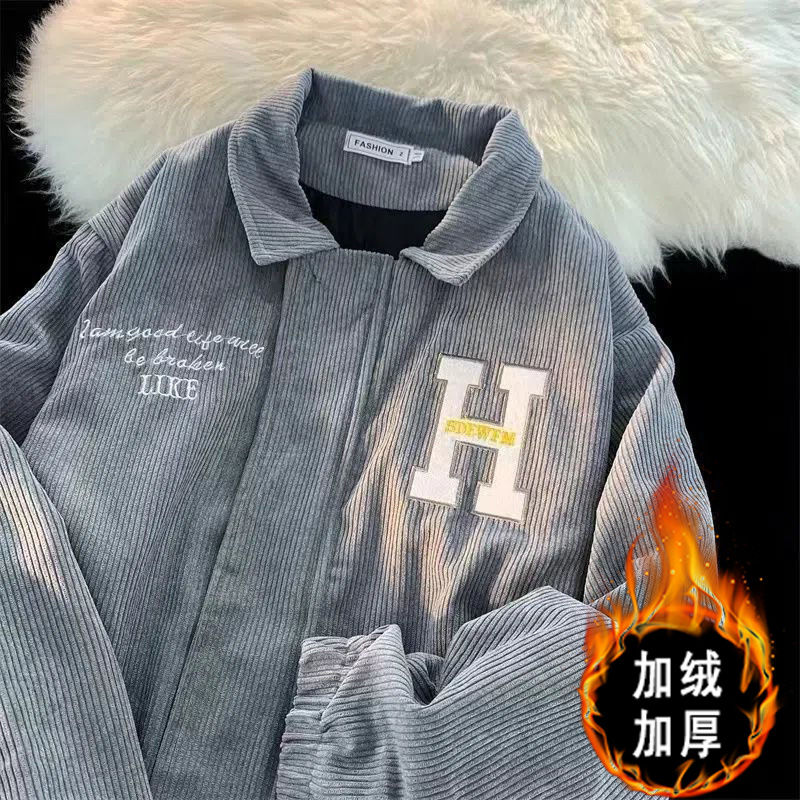 春秋季新款燈芯絨字母刺繡夾克男士韓版休閒百搭外套寬鬆上衣潮流