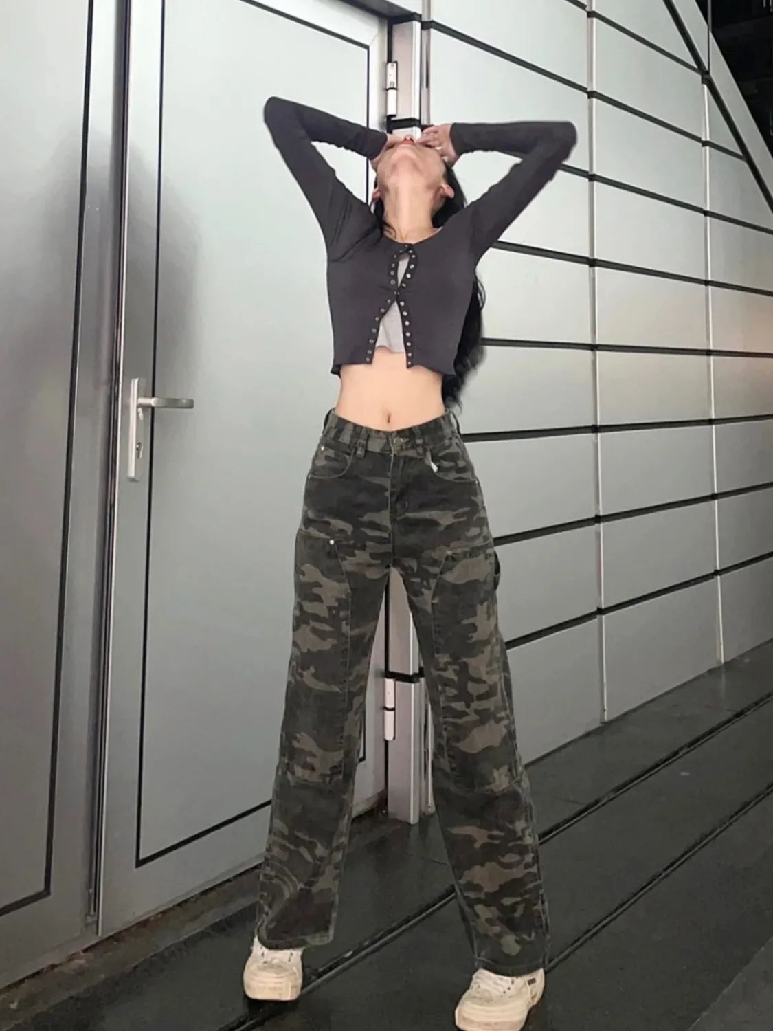 美式復古高腰牛仔褲女綠色迷彩設計感小眾直筒長褲寬鬆闊腿褲子潮