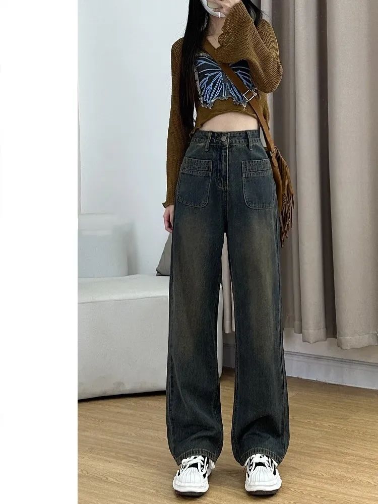 美式復古加長闊腿牛仔褲女秋冬新款高腰寬鬆直筒顯瘦垂感遮肉褲子