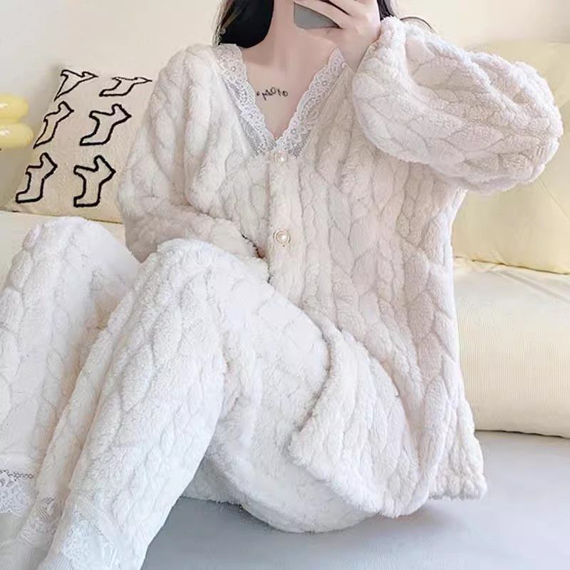 珊瑚絨睡衣女加厚加絨秋冬季可愛2023新款法蘭絨冬天可外穿家居服